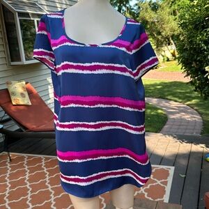 Ann Taylor Short Sleeve Striped Blouse, Medium, Blue, Pink, White